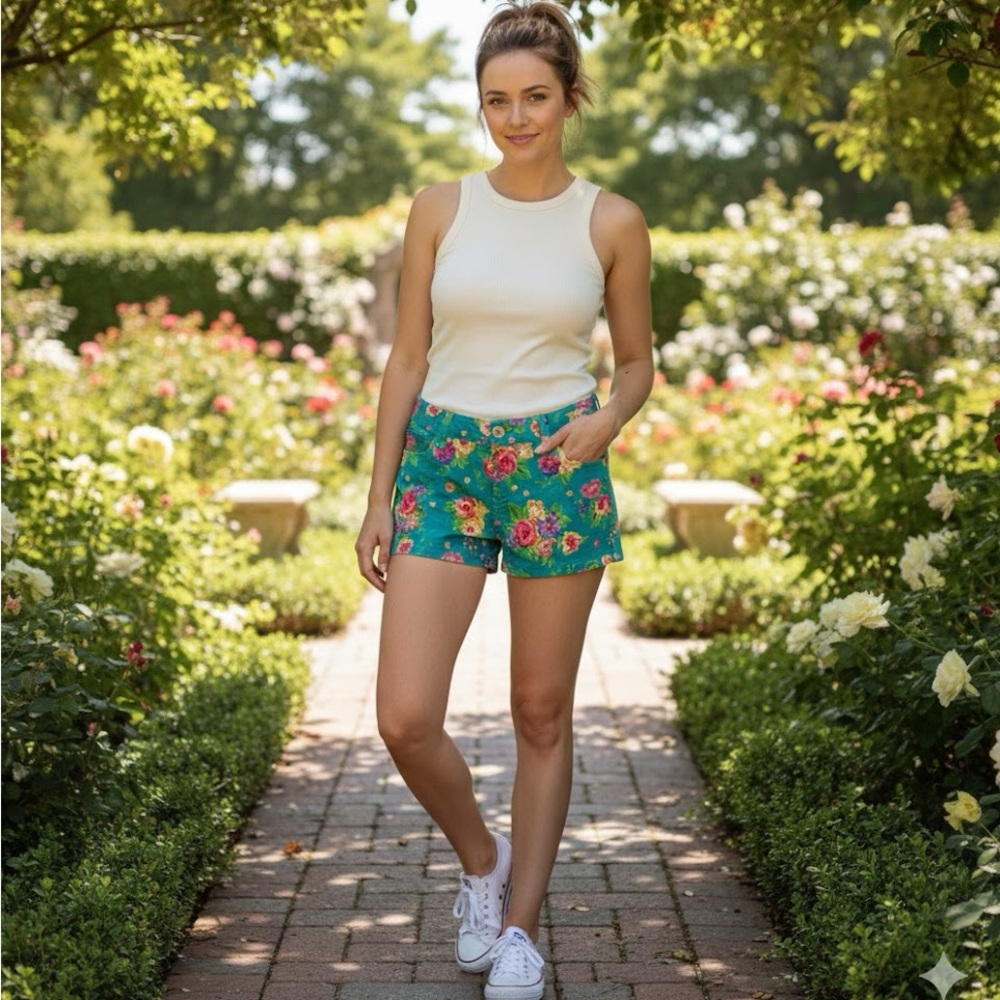 Wallflower Womens Floral Shorts Size 7 Juniors Green Pink Yellow Roses pocket